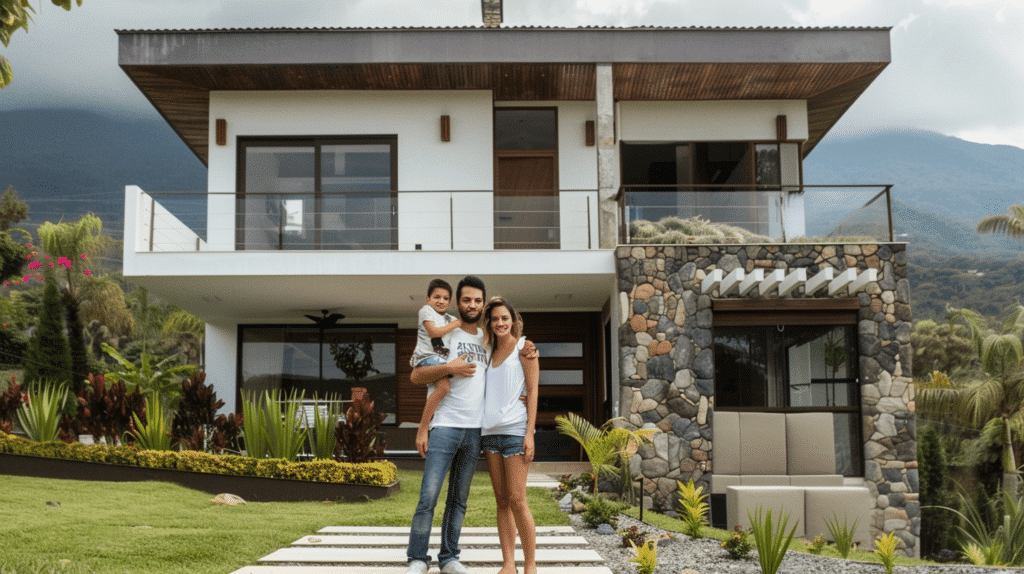 Happy family in their home insured by Freedom Seguros, enjoying peace of mind and protection against risks for their property.