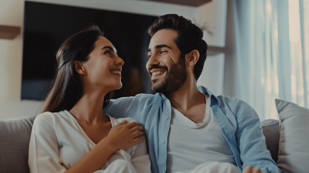 Happy couple reviewing the coverages and benefits of their new Freedom Seguros homeowners insurance policy with an advisor.